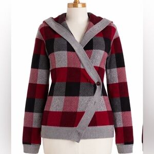 Aiko Buffalo Plaid Cashmere Blend Hooded Wrap Sweater Cardigan Snap Closure S